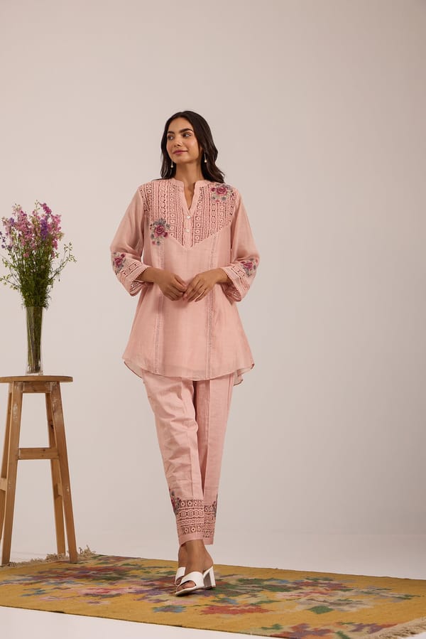 Pink Mul Chanderi Tunic and Straight Pant Co-ord Set — Omi Clothing