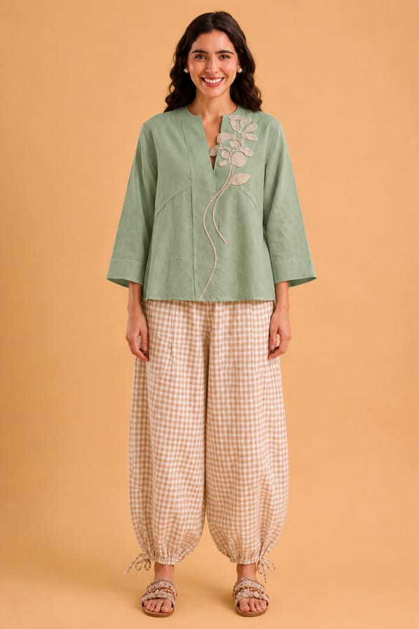 Green Appliqué Embroidered V-Neck 3/4 Sleeve Top — ANISETTE