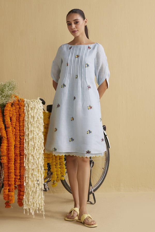 Mughal Blue Linen Embroidered A-Line Midi Dress — YELL