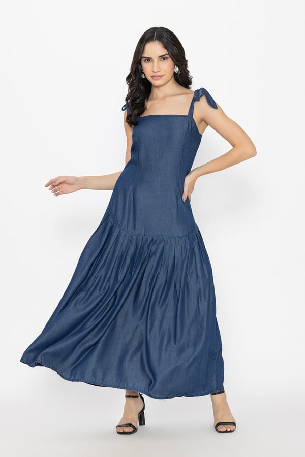 Indigo Denim Square Neck Tiered Maxi Dress — Designs by Queen Bee