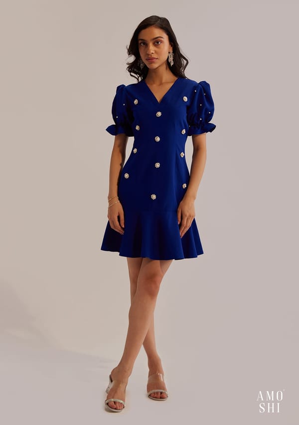 Blue Pearl Embellished Fit and Flare Mini Dress — AMOSHI
