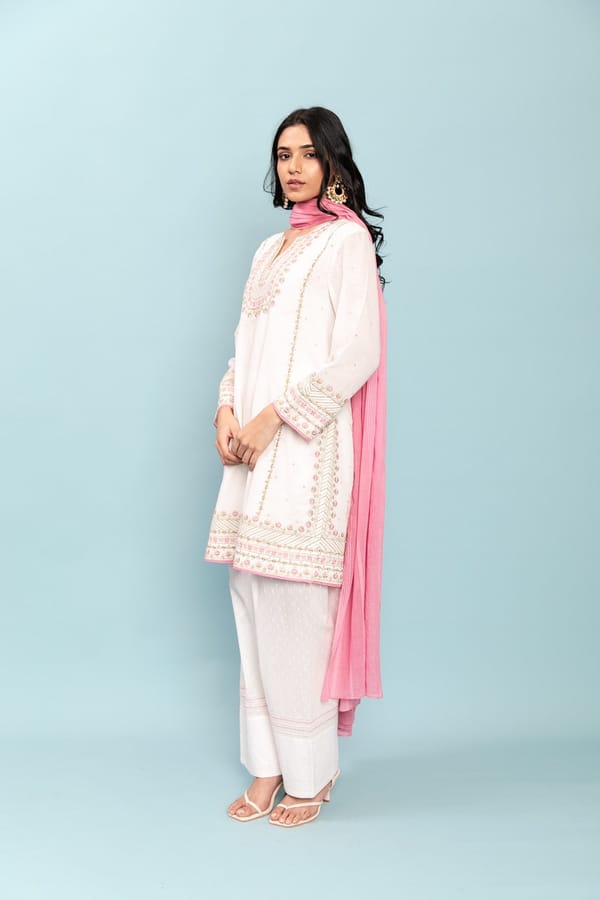 Ivory Cotton Flex Embroidered Kurta Set with Pink Dupatta — LABEL NAARITI