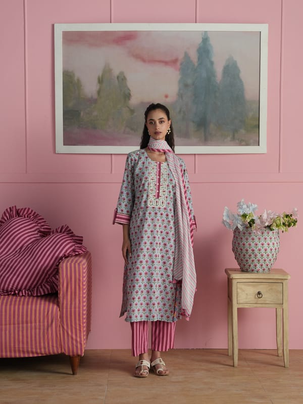 DAISY STRAIGHT KURTA WITH STRIPED PANT & DUPATTA — TASHA INDIA