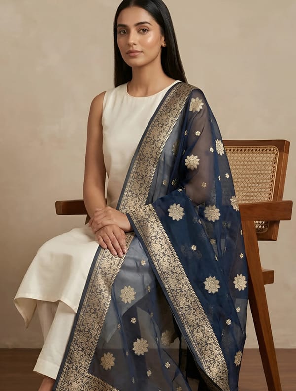 Navy Zari Jacquard Dupatta — Truebrowns