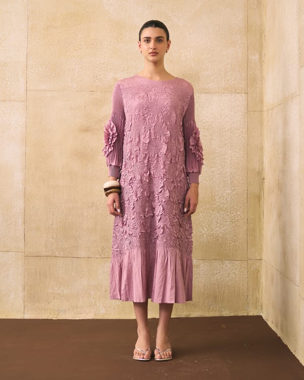 Pink Textured Straight Midi Dress with Statement Sleeves — Pleats by Aruni