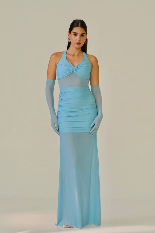 Sky Blue Halter Ruched Bodycon Maxi Dress — LABEL FROW