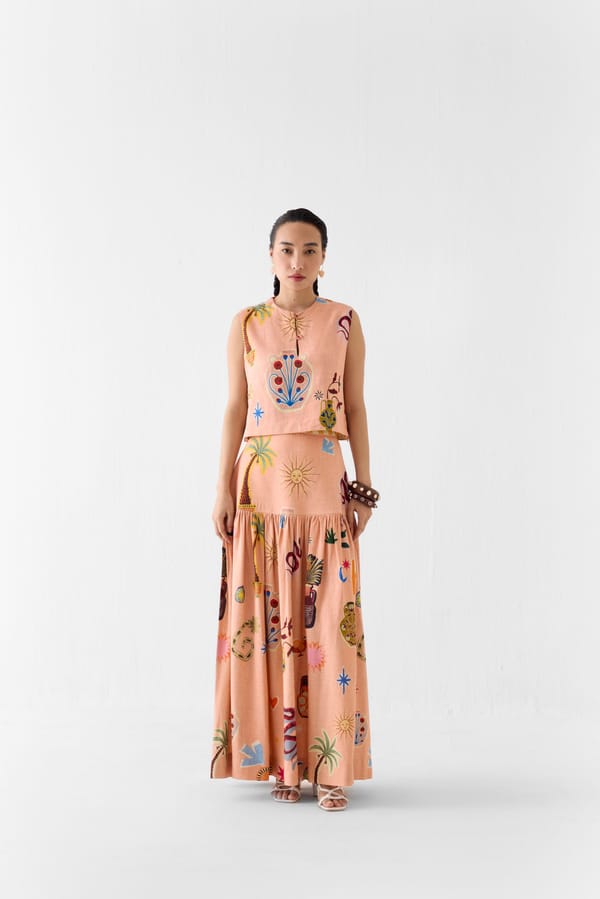 Peach Graphic Crop Top and Tiered Maxi Skirt Co-ord Set — Studio Rigu