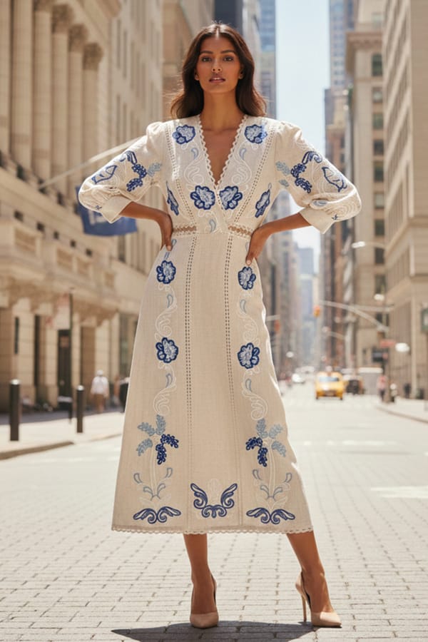 Cream Linen Embroidered V-Neck Midi Dress — BOHO-CHIC