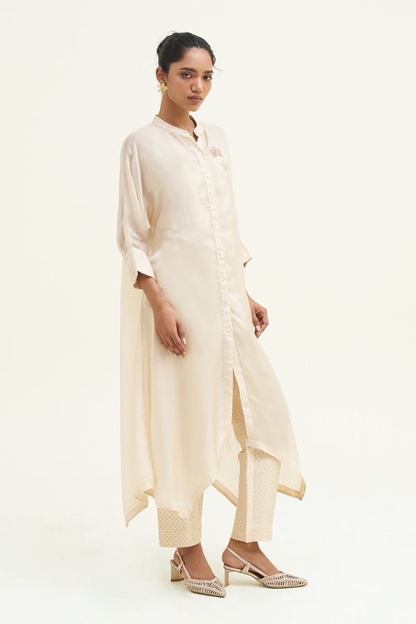 Angora Beige Asymmetric Kurta and Jacquard Pant Co-ord Set — Ganga Fashions Pvt Ltd