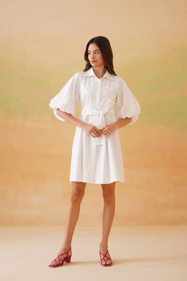 White Belted Shirt Dress with Balloon Sleeves — IERA