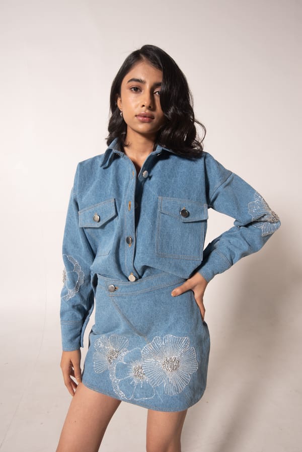 Light Blue Oversized Denim Shirt with Floral Sleeve Embellishment — MAGIA