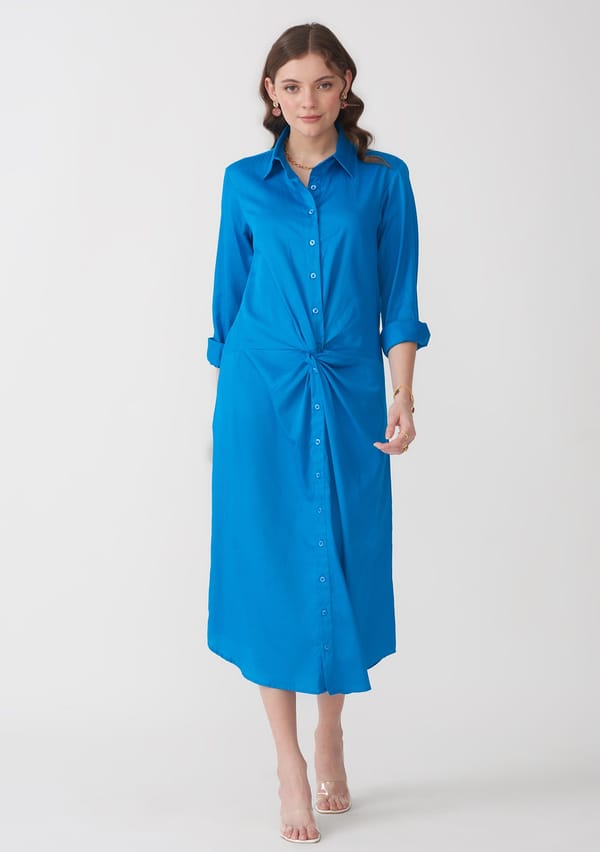 Blue Cotton Button-Front Midi Shirtdress — AMOSHI