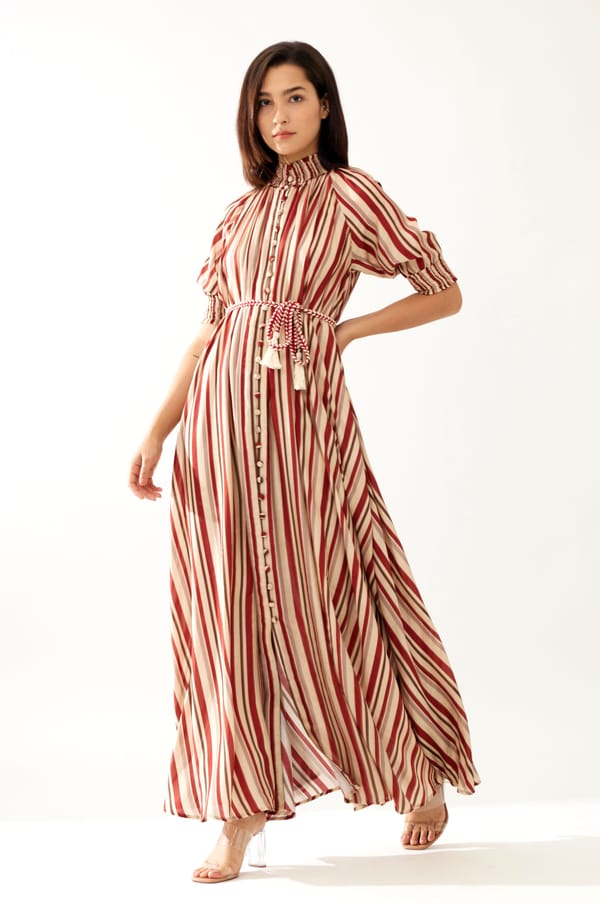 Red And Cream Stripe Long Dress — KoAi