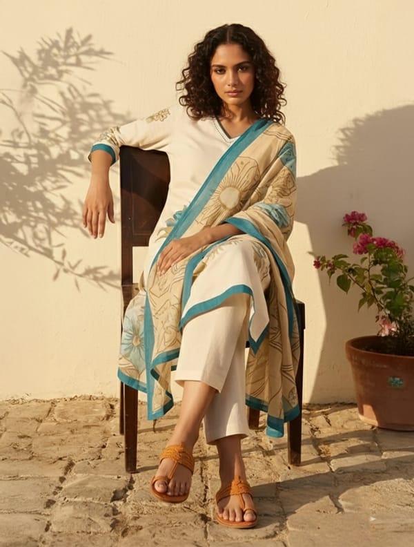 Ivory Blue Floral Print V-Neck Kurta Pant Set — Truebrowns