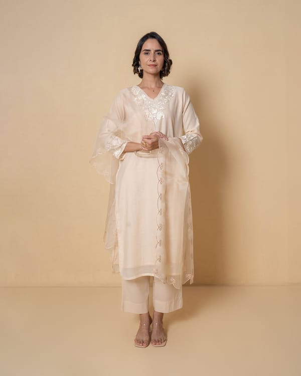 Ivory Sand Embroidered Chanderi Suit Set — Kameez