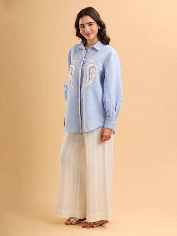 Ice Blue Cotton Linen Appliqué Button-Down Shirt — ANISETTE