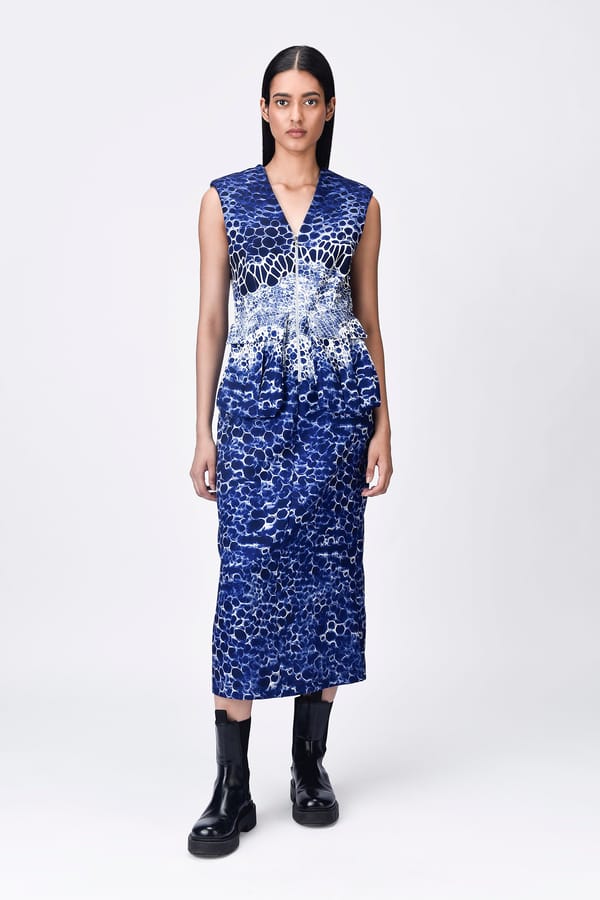 Navy Blue Abstract Print Zip-Front Maxi Dress — Genes Lecoanet Hemant