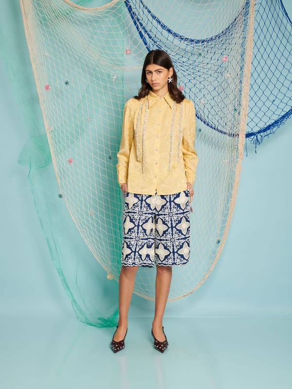 Navy High-Rise Embroidered Knee-Length Shorts — SISTER JANE
