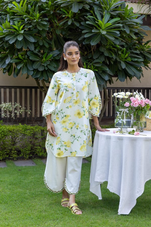 Pastel Yellow Floral Straight Kurta and Pant Set — Eko Clothing