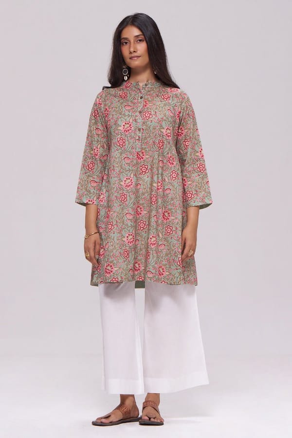 Basil Green Floral Cotton Co-ord Set with White Pants — Ganga Fashions Pvt Ltd