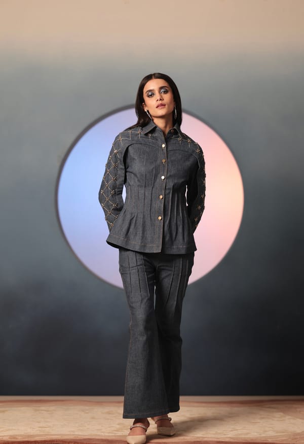 Blue High-Rise Flared Denim Trousers — MANVI DAGA STUDIO