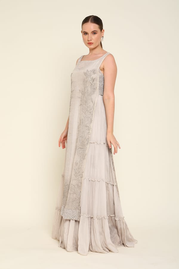 Greyish Neutral Embroidered Overlay Maxi Dress Set — AMRTA BY GUNEET KONDAL