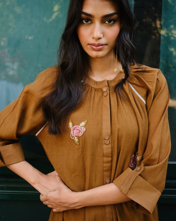 Mocha Rose Embroidered Viscose Blend Kurta Set — Truly SMA