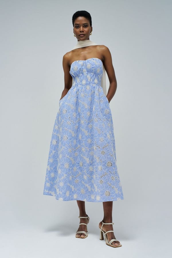 Light Blue English Embroidery Strapless Midi Dress — SALSA JEANS