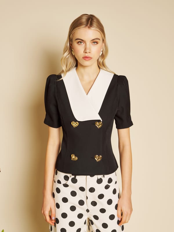 Black Contrast-Collar Double-Breasted Heart-Button Top — SISTER JANE
