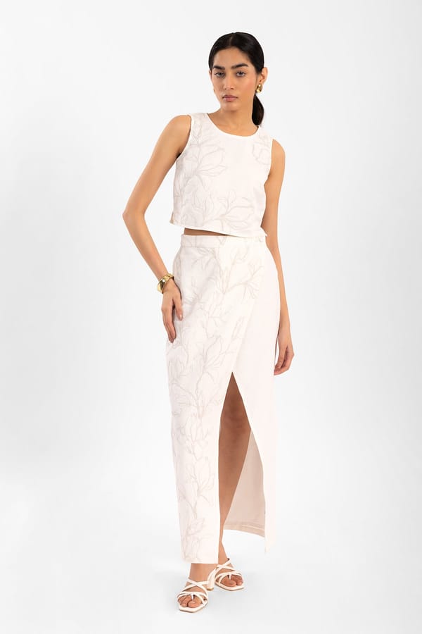 White Embroidered Crop Top and Wrap Maxi Skirt Co-ord Set — Contemponari