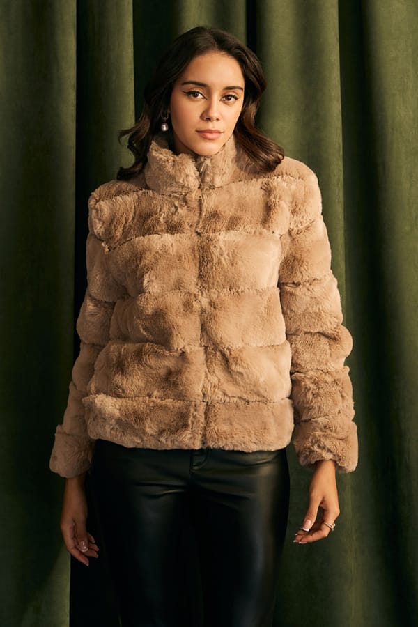 Tan High-Neck Fur-Finish Zip-Front Jacket — BOHO-CHIC