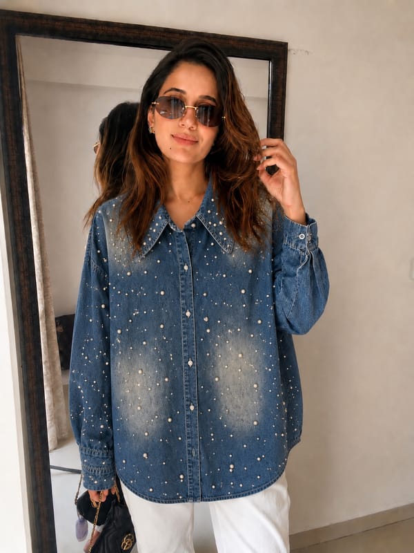 Pearl Studded Denim Shirt — CLOSET AFFAIR