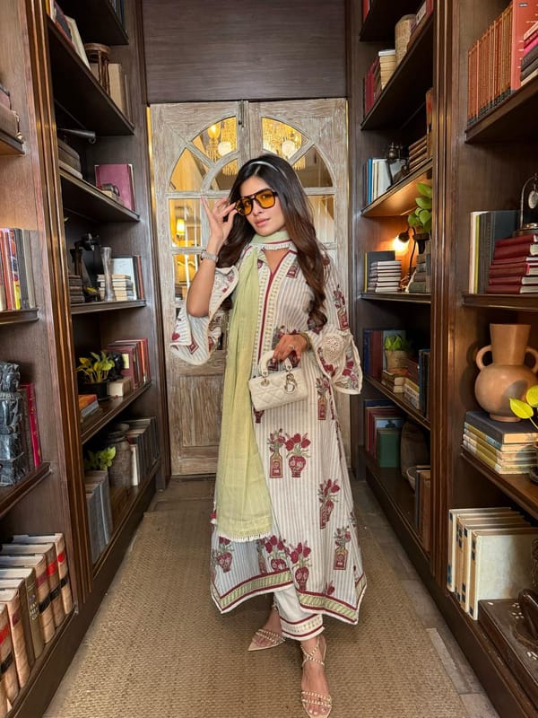 Multicolor Asymmetrical V-Neck Printed Cotton Kurta Set — TASHA INDIA
