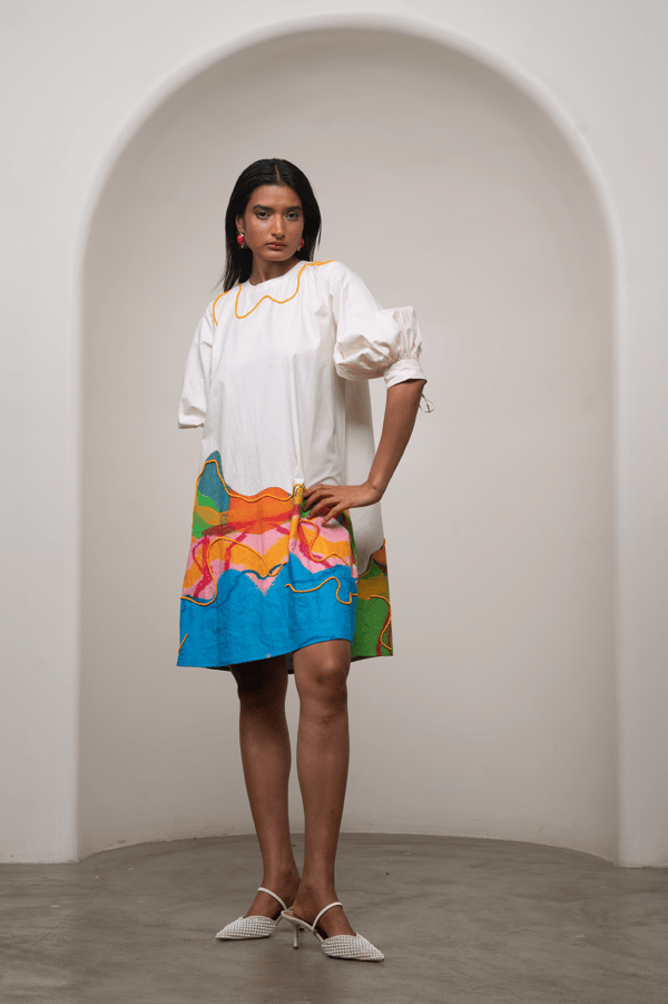 White Poplin Shift Mini Dress with Colourblock Hem — ADVAIT