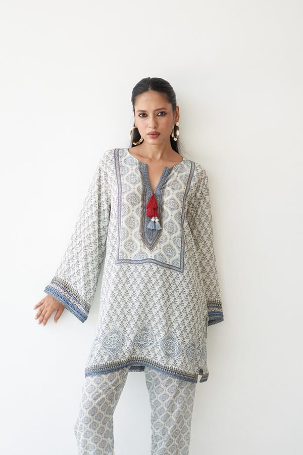 White and Blue Printed Straight Kurta Set with Pants — Chakkraa