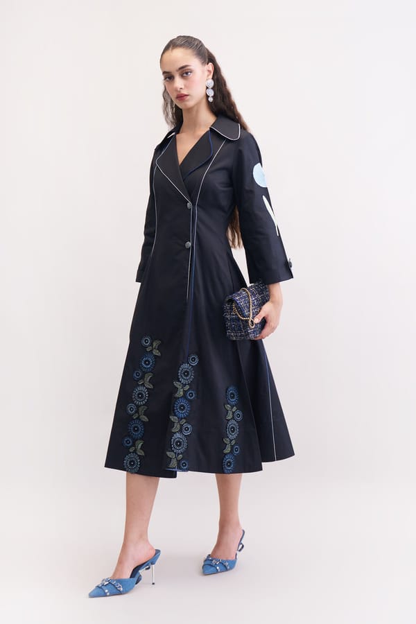 Black Cotton Twill Wrap Midi Dress with Embroidery — Our Love