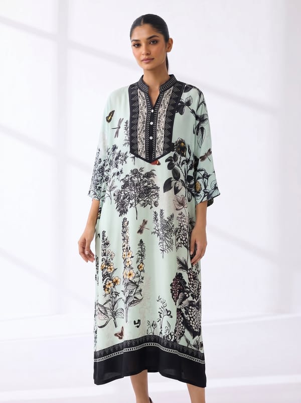 Multicolor Printed Silk Satin Midi Dress with Mandarin Collar — Kavita Bhartia
