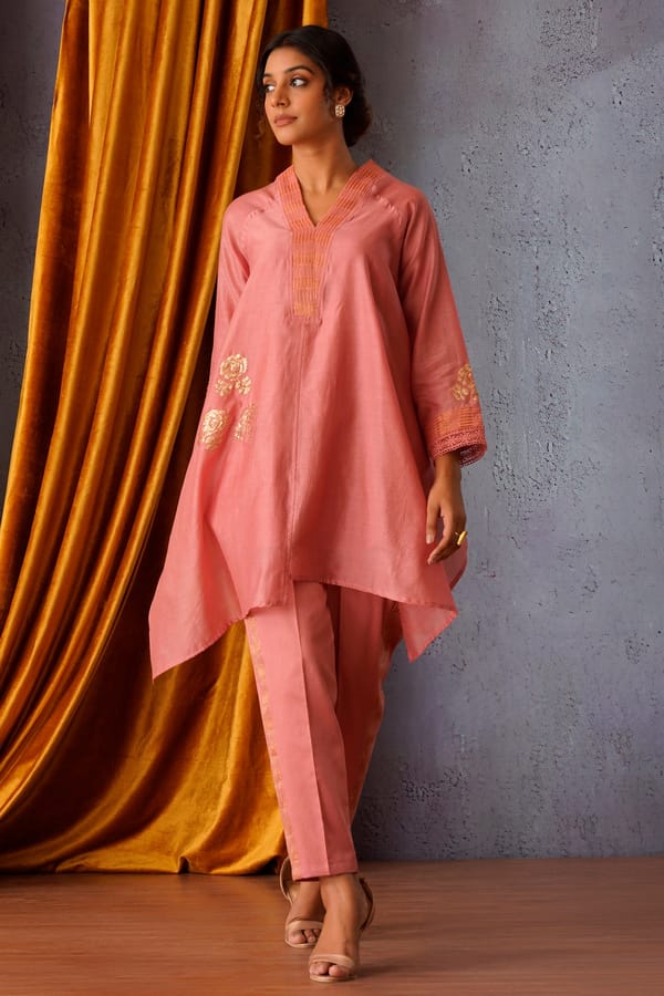 Sequin Flower Patch Embroidered Asymmetric Tunic with V-Neck and Side Stripe Pants — Omi Clothing
