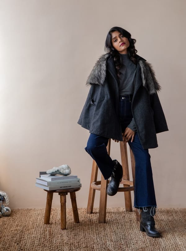 Charcoal Grey Wool-Blend Cape with Faux-Fur Collar — Rhe-Ana