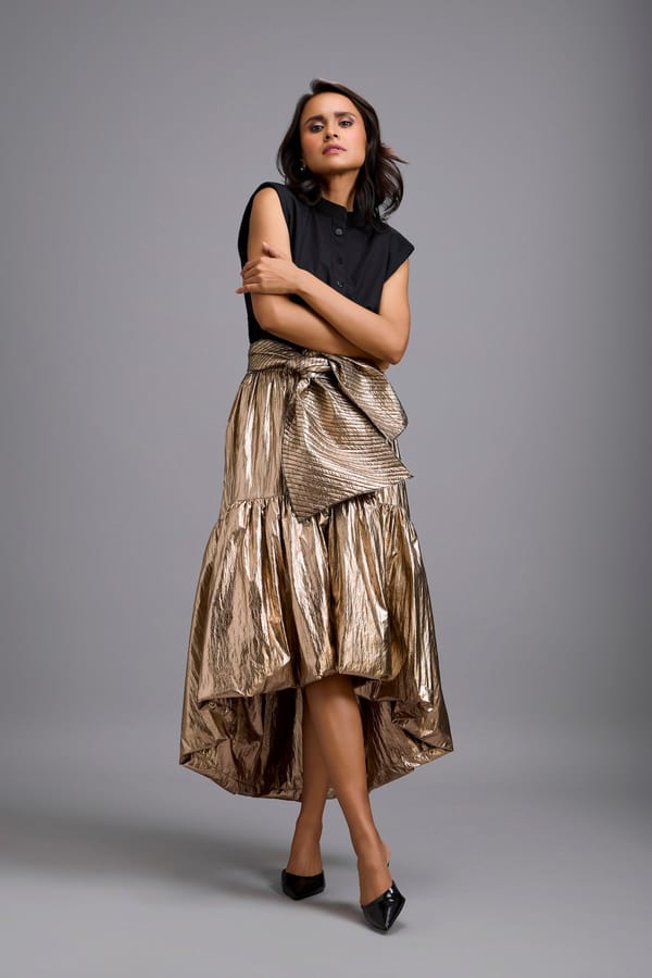Metallic Gold High-Low Skirt with Bow — Deepika Arora