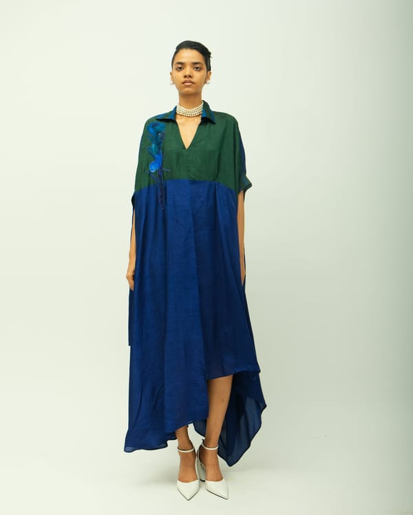 Royal Blue Colorblocked Raw Silk Kaftan Midi Dress — Ofrida