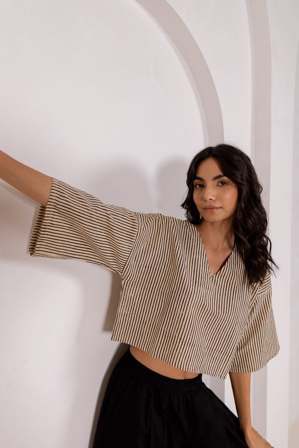 Beige and Black Striped Boxy Cotton V-Neck Top — Vraj Bhoomi