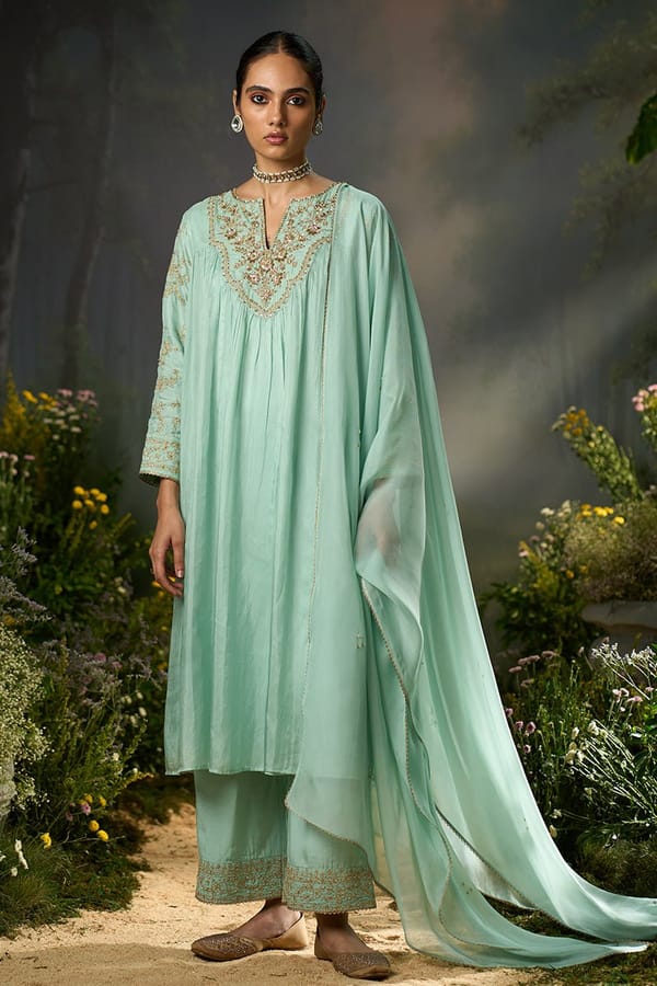 Sea Green Embroidered A-Line Kurta Set with Dupatta — Ganga Fashions Pvt Ltd