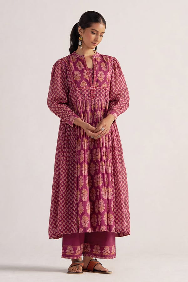 Dark Purple Mul Cotton Printed Kurta Co-ord Set — Ganga Fashions Pvt Ltd