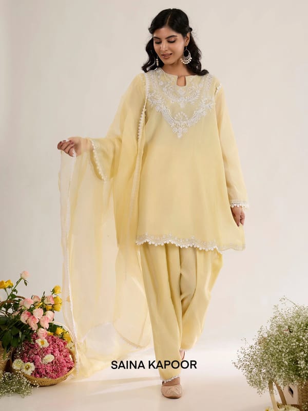 Pale Yellow Chanderi Short Kurta Salwar Suit with Aari Work — SAINA KAPOOR