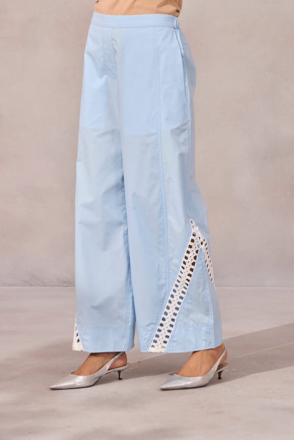 Frost Blue Wide-Leg Cotton Poplin Trousers with Lace Inlay — 63East