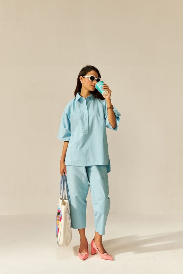 Azure Cotton Poplin Shirt and Tapered Pants Co-ord Set — Spacelines