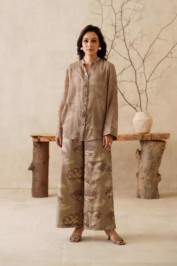 Beige Printed Shirt and Wide-Leg Pants Co-ord Set — NEETIKA CHOPRA