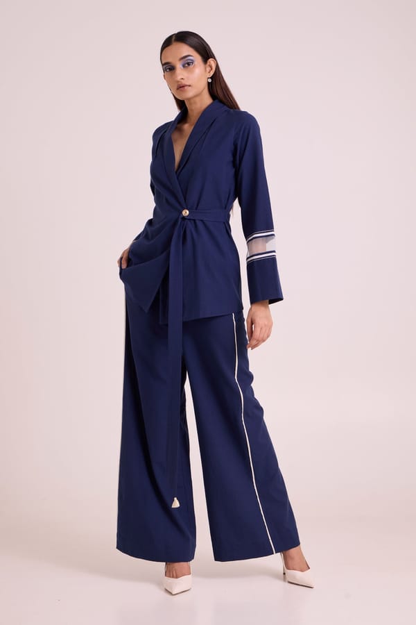 Indigo Wrap Blazer and Wide-Leg Trousers Co-ord Set — Madder Much