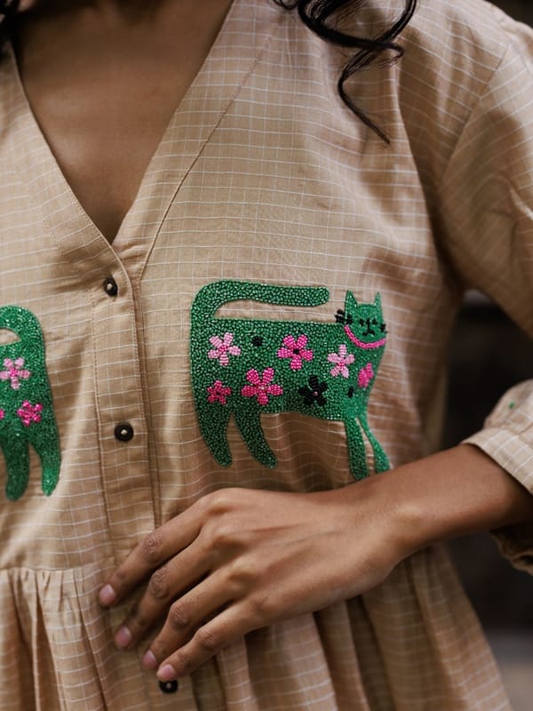 Honey Beige Checked Embroidered Smock Midi Dress — Winglore Studio